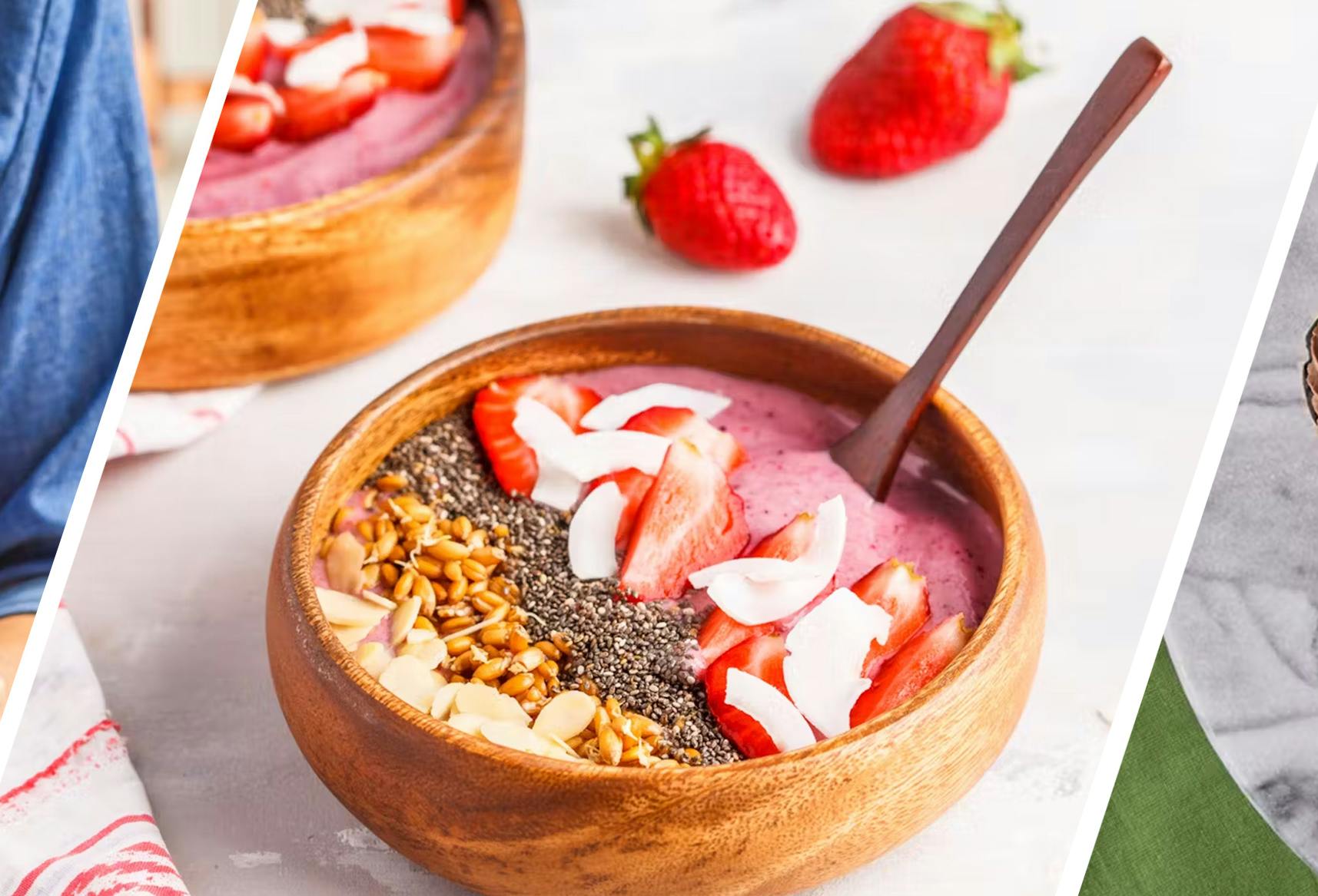 Three images: a person pouring a premier protein shake into a glass. A wooden bowl of strawberries with grains and protein yogurt. chocolate protein cupcakes with mint garnish