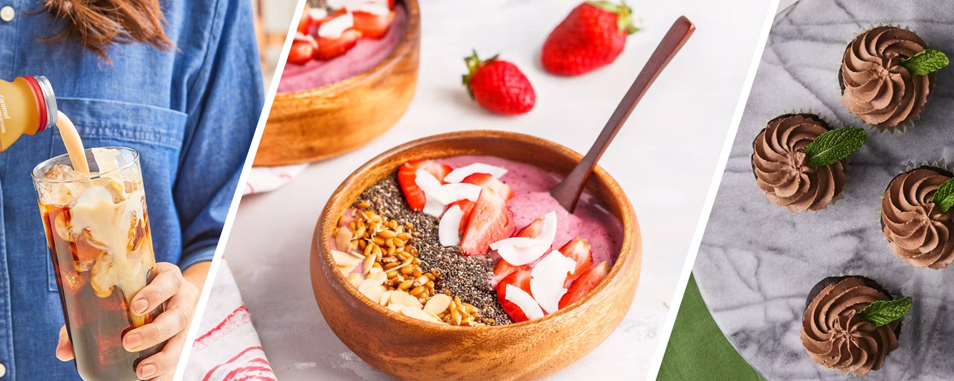 Three images: a person pouring a premier protein shake into a glass. A wooden bowl of strawberries with grains and protein yogurt. chocolate protein cupcakes with mint garnish