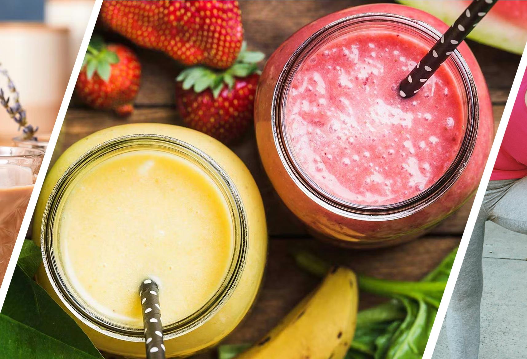 Three images: a glass of Cafe Latte Premier Protein with a bottle alongside. A top-down shot of two glasses of colorful protein shakes with straws. A woman stretching on a small wall with a Premier Protein product