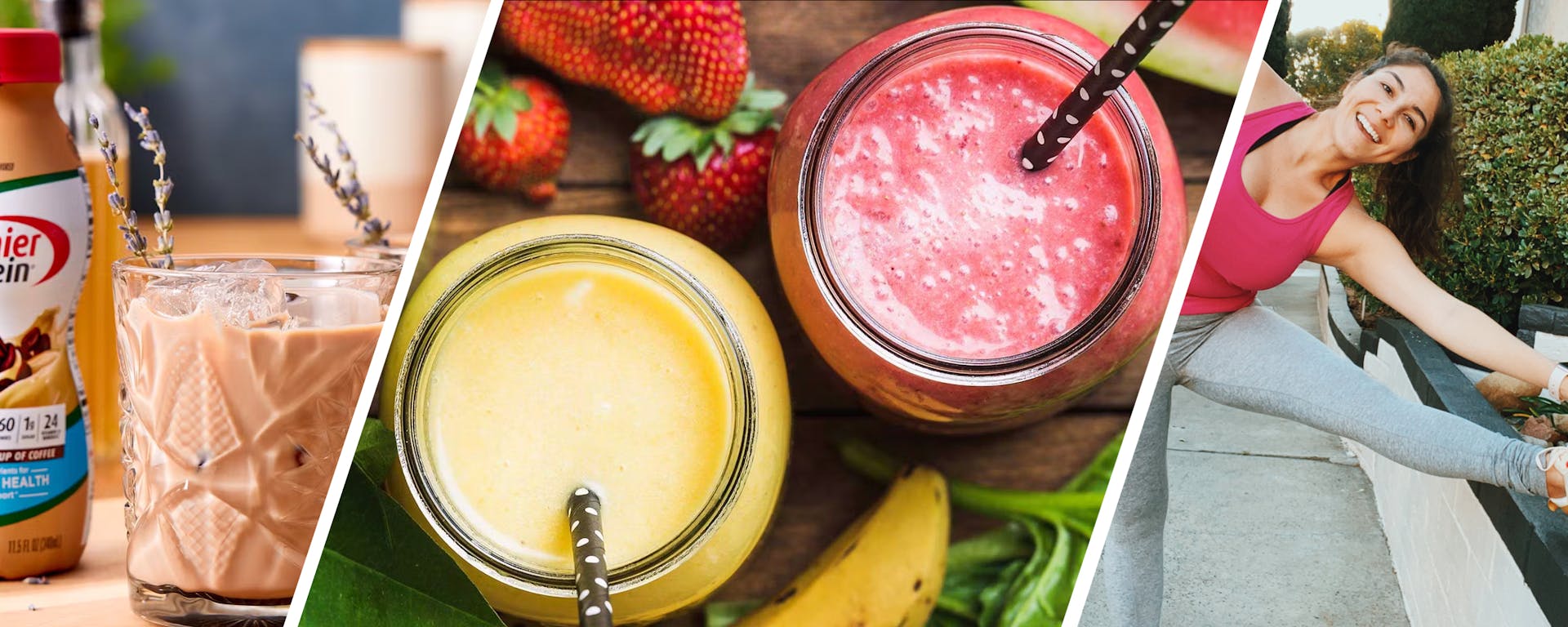 Three images: a glass of Cafe Latte Premier Protein with a bottle alongside. A top-down shot of two glasses of colorful protein shakes with straws. A woman stretching on a small wall with a Premier Protein product