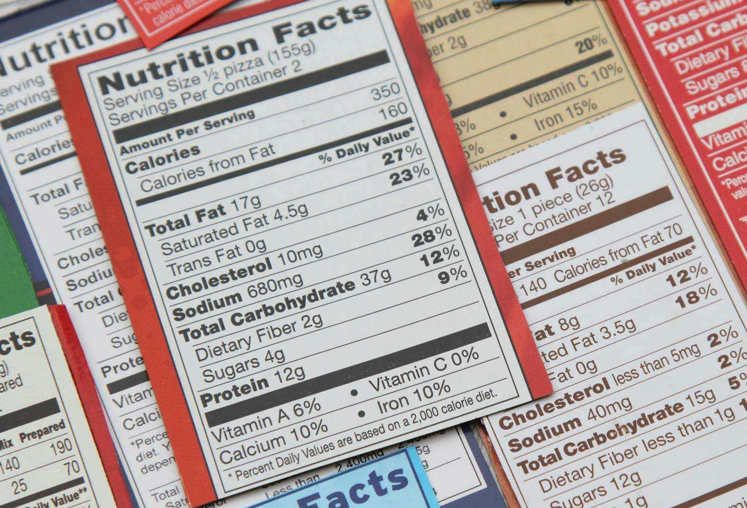 A stack of various nutrition labels