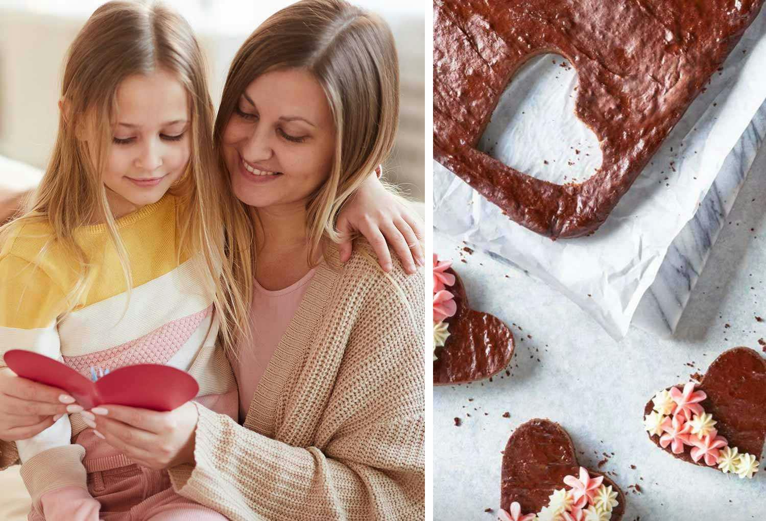 Two: photos: A photo of a chocolate cake. A photo of a mother with her daughter on her lap while they read a valentine card.