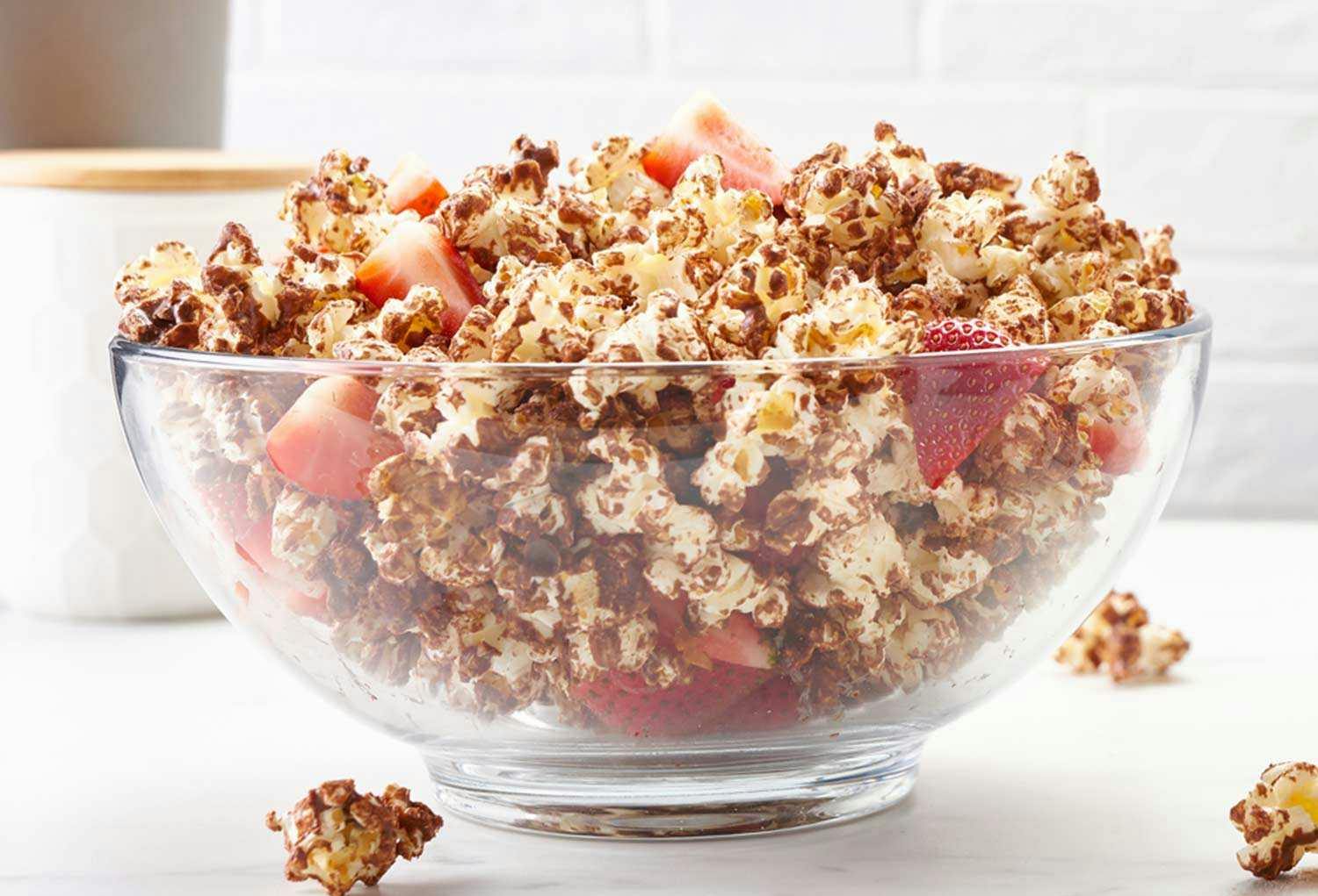 A bowl of chocolate protein popcorn.