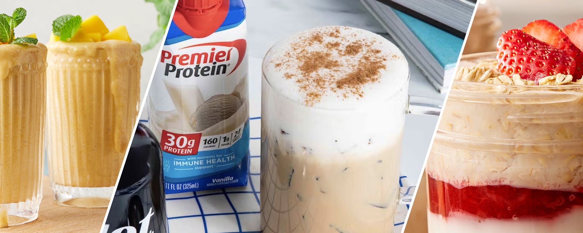 Triptych featuring Golden Milkshakes, an iced almond vanilla protein latte, and strawberry cheesecake overnight oats