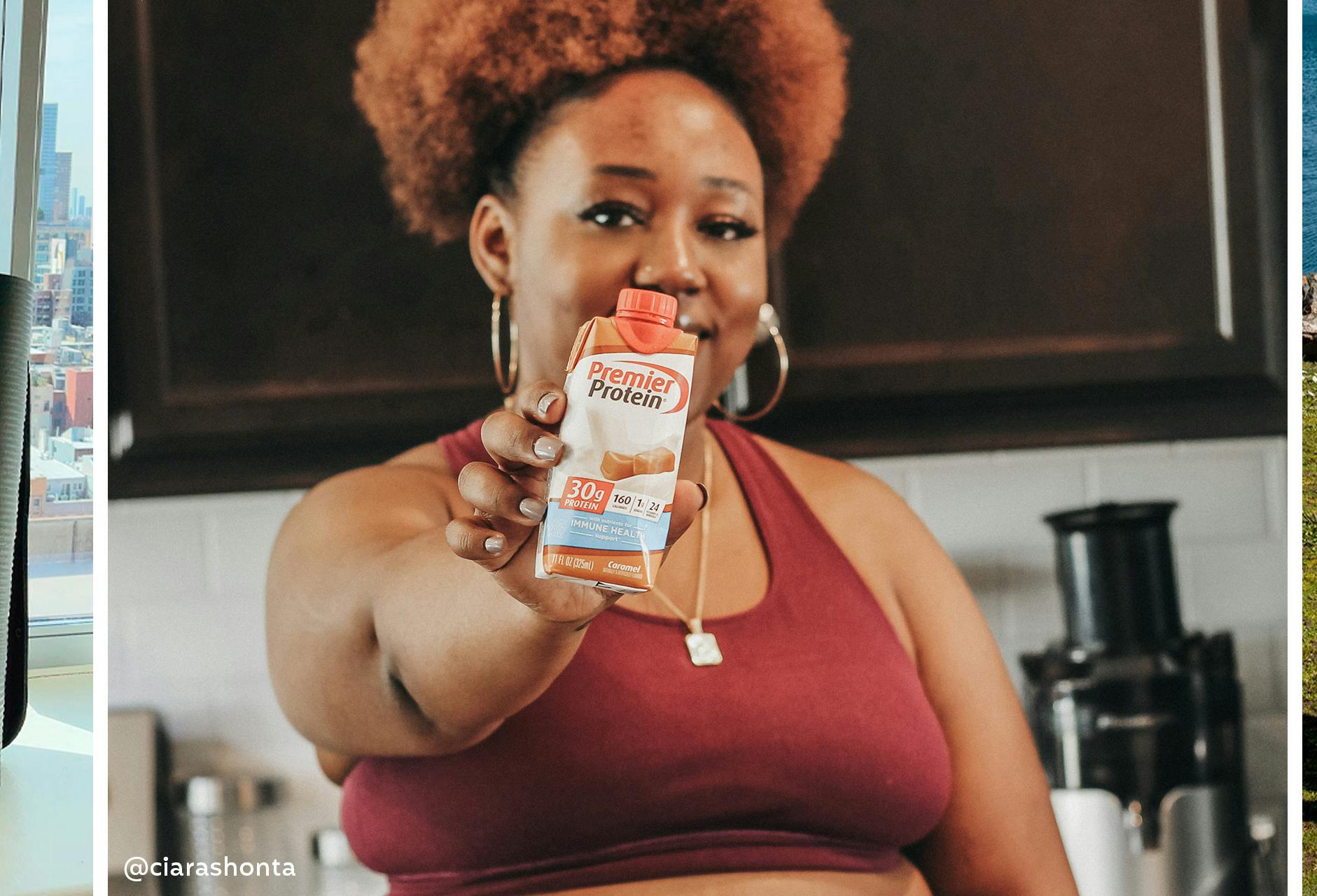 Three photos, each one of a woman exercising.  One woman is holding a Premier Protein shake.