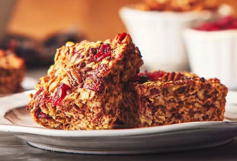 Triptych featuring High Protein Baked Oatmeal cafe latte protein shakes, and Banana Protein Packed Muffins