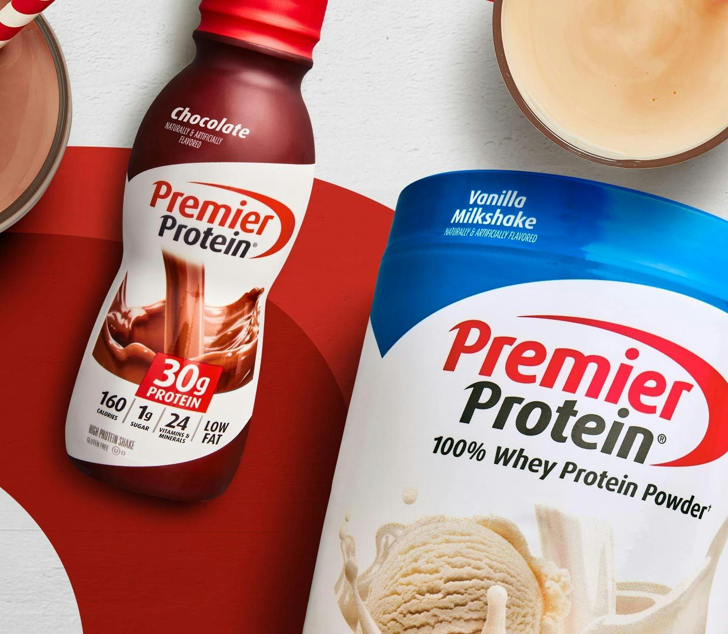 A Premier Protein shake next to Premier Protein Powder.