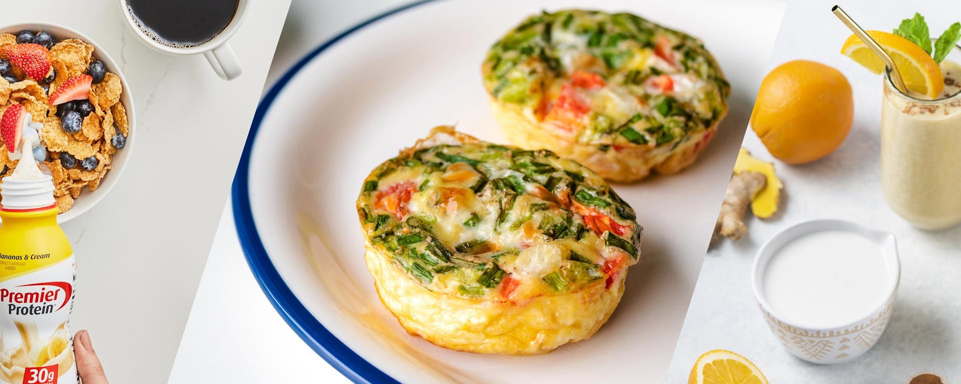 Cereal with Premier Protein used as milk, Egg Bites on a plate and a banana smoothie in a cup.