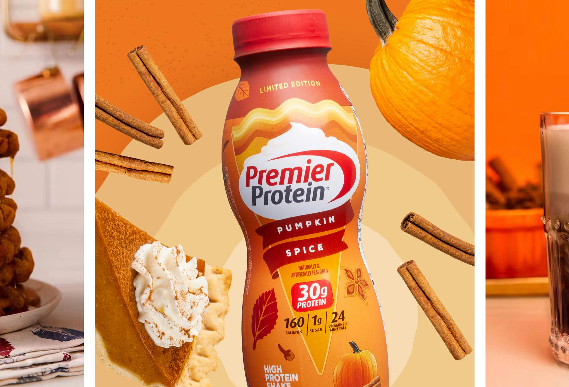 Tryptic featuring a stack of waffles covered in syrup and Pumpkin Spice protein shakes