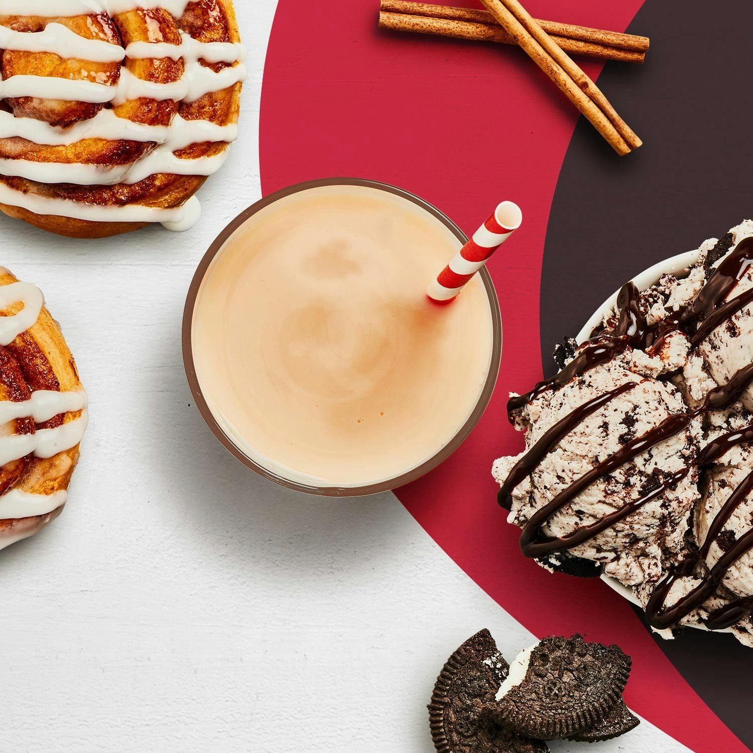 A cinnamon roll Premier Protein shake, next to a Cinnamon Roll, Cinnamon Sticks and Cookies & Cream Ice Cream.