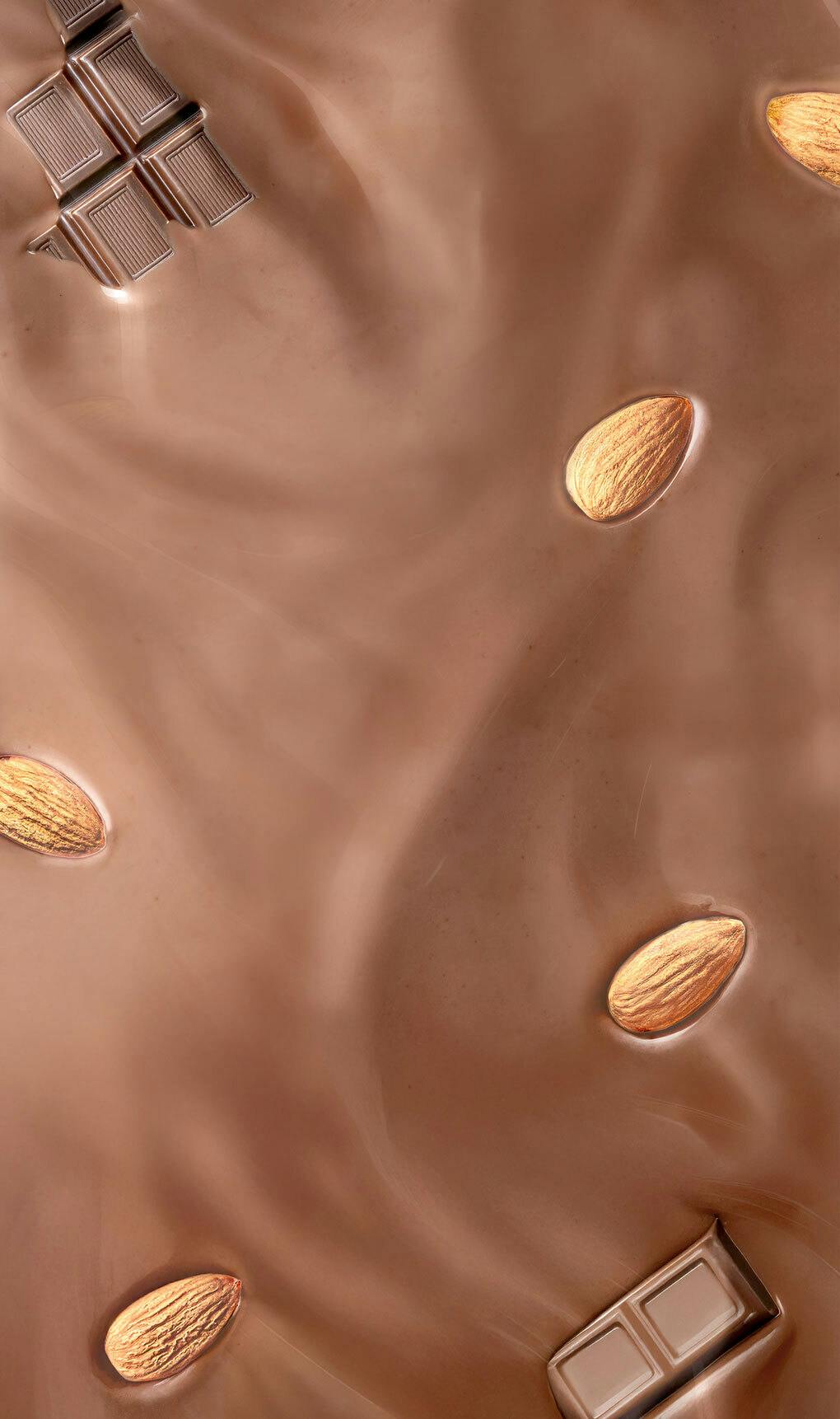 Creamy chocolate swirls topped with almonds and chocolate chunks.