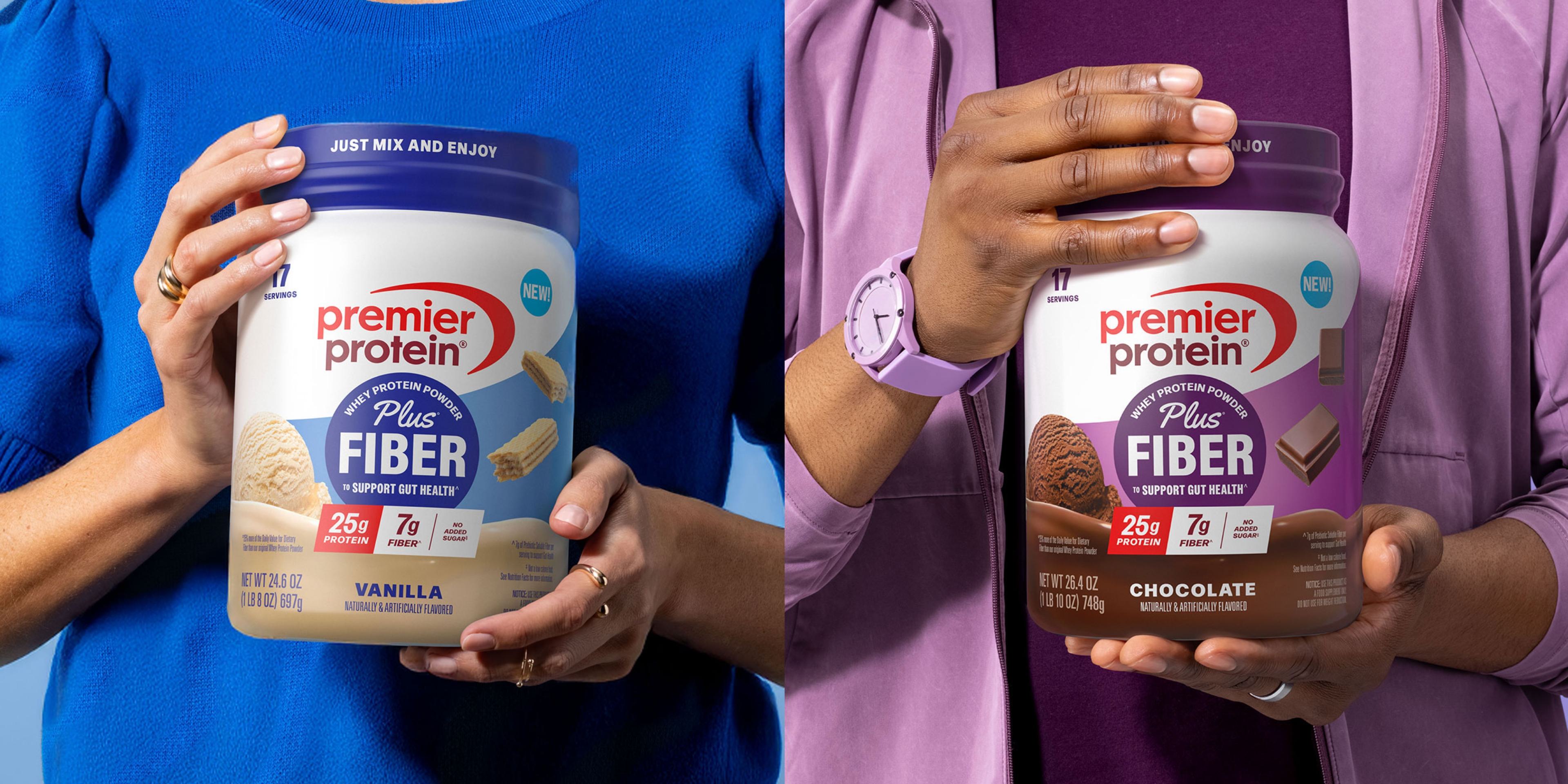 Two people holding Chocolate and Vanilla tubs of Premier Protein Plus Fiber Powder