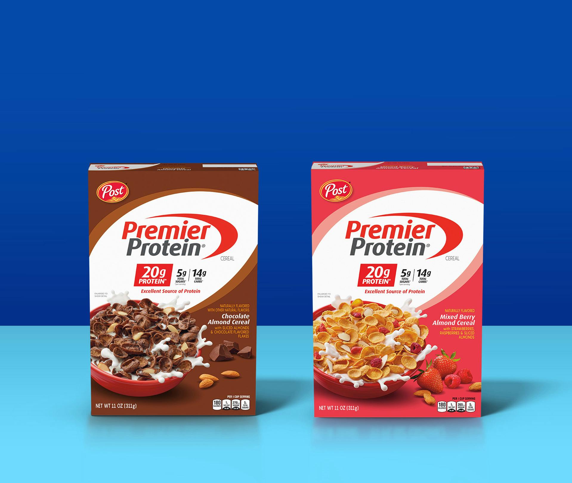 Premier Protein Cereals in Mixed Berry Almond and Chocolate Almond flavors.