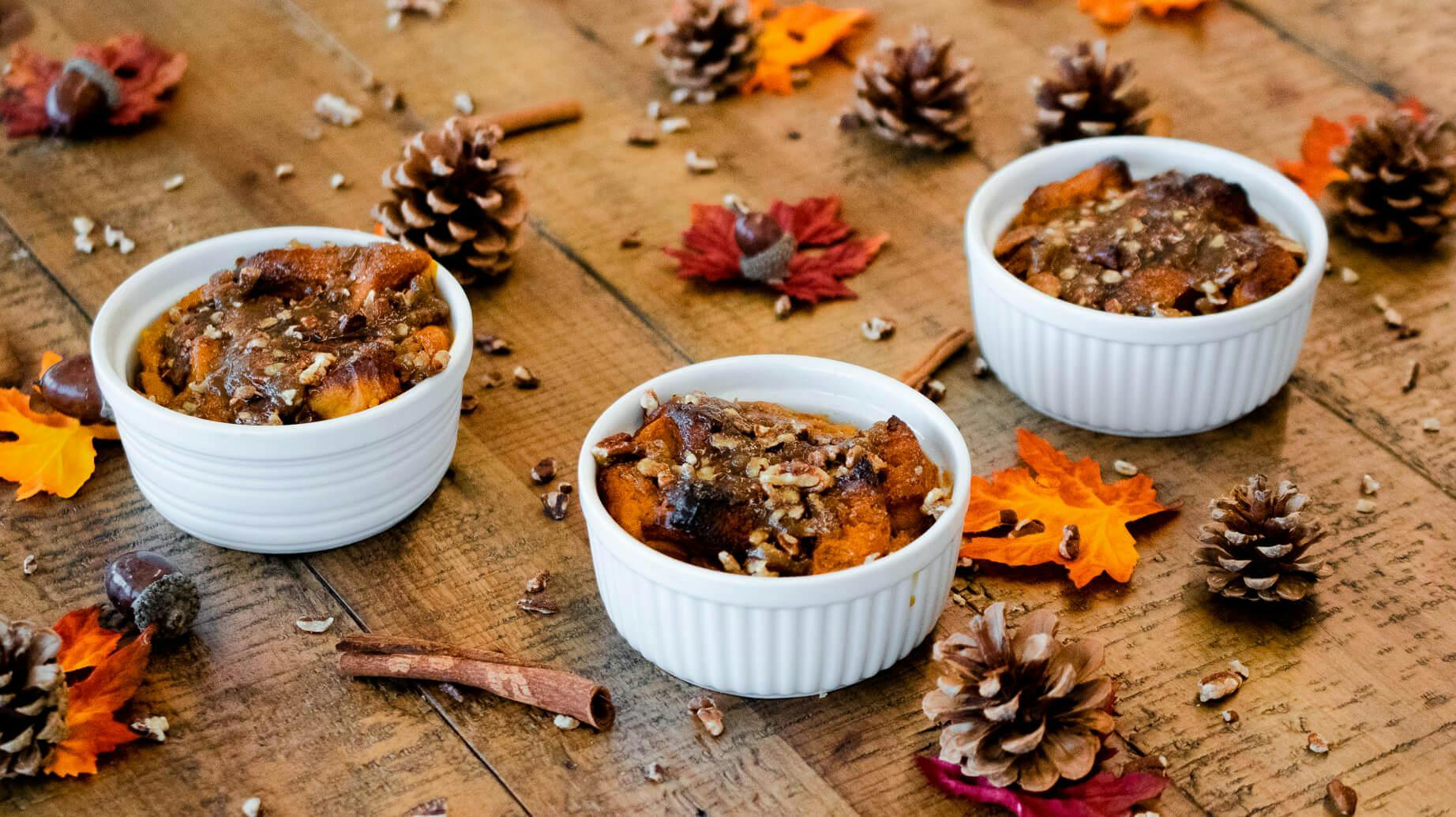 Recipe image for Caramel Pecan Pumpkin Bread Puddings.