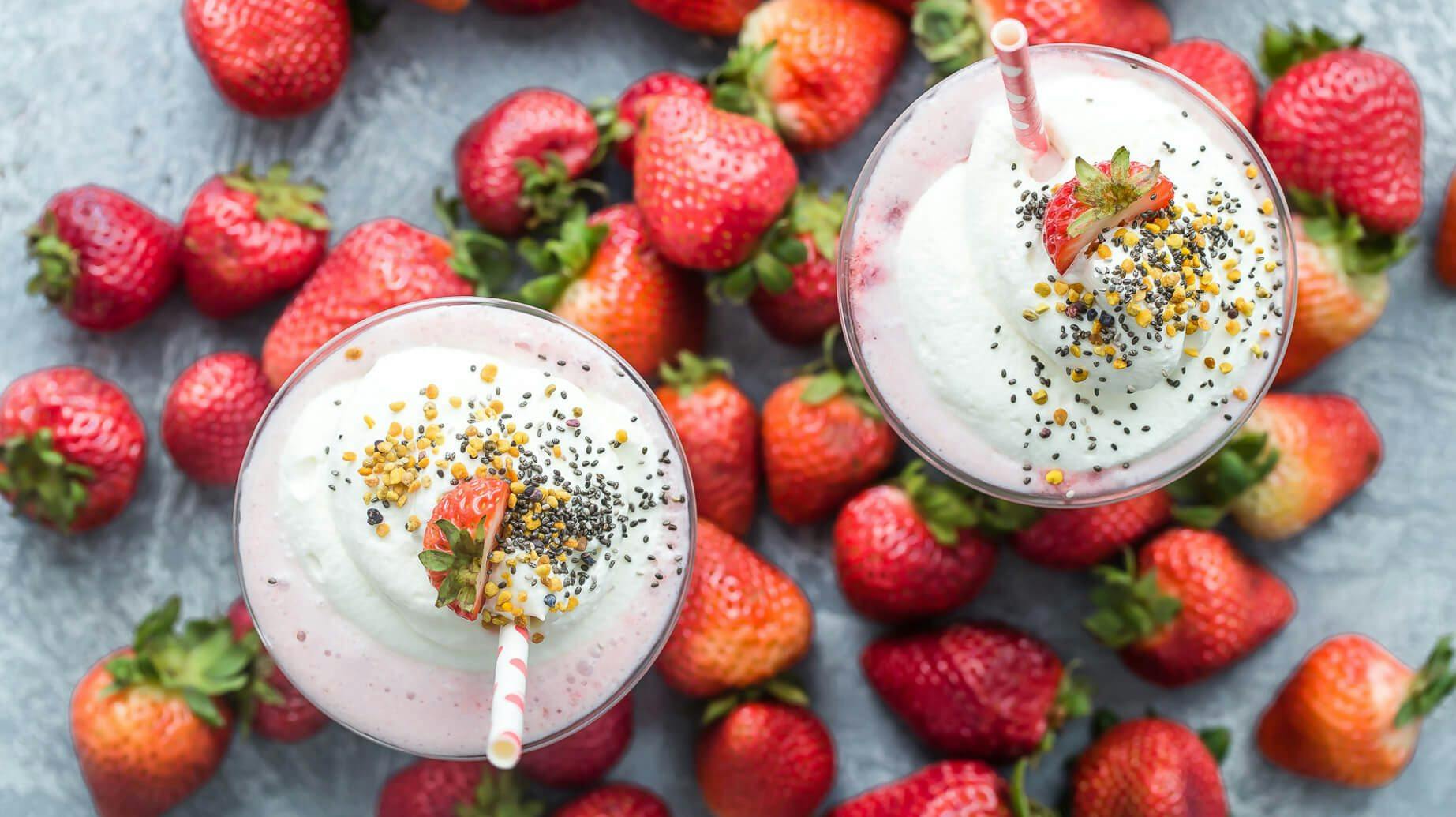 Recipe image for Strawberry Protein Shake With Vanilla Whipped Cream.