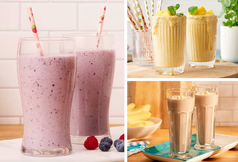 Three different smoothies in glasses.  Each one made with Premier Protein Shakes.