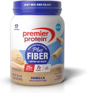 Premier Protein Powder Plus Fiber. Vanilla. 25g Protein. 7g Fiber to Support Gut Health. No Added Sugar (17 Servings)