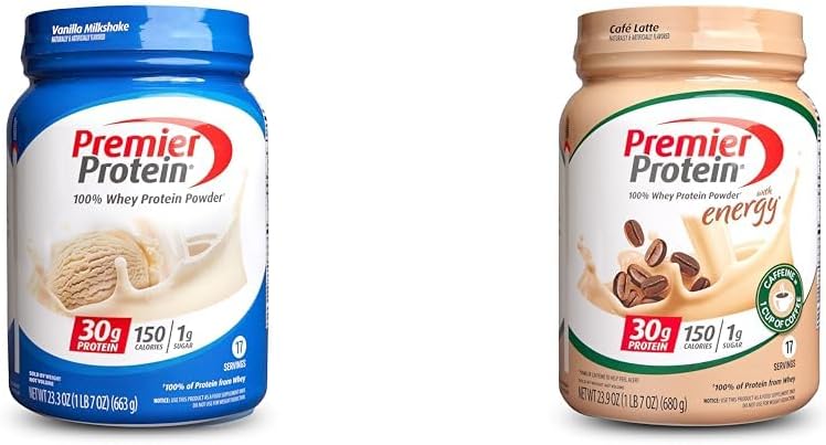 Premier Protein Powder Vanilla & Cafe Latte. 30g Protein. 1g Sugar. 17 Servings. 100% Whey. Keto. Gluten Free. 23.3 & 23.9 Ounces