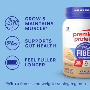Premier Protein Powder Plus Fiber. Vanilla. 25g Protein. 7g Fiber to Support Gut Health. No Added Sugar (17 Servings)