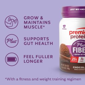 Premier Protein Powder Plus Fiber. Chocolate. 25g Protein. 7g Fiber to Support Gut Health. No Added Sugar (17 Servings)