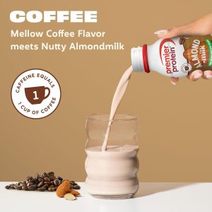 Premier Protein Almondmilk Plant Based Protein Shake. 20g Protein. 5g Sugar. 11.5 Fl oz. Coffee. 12 Count