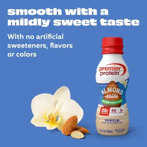 Premier Protein Almondmilk Plant Based Protein Shake. 20g Protein. 5g Sugar. 11.5 Fl oz. Vanilla. 12 Count