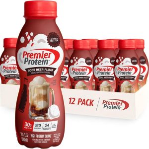Premier Protein Shake. Limited Edition. Root Beer Float. 30g Protein. 1g Sugar. 24 Vitamins & Minerals. Nutrients to Support Immune Health. 11.5 fl oz. 12 Pack