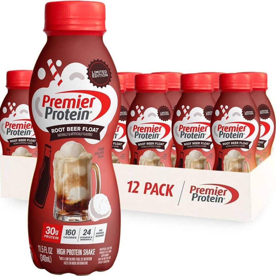Premier Protein Shake. Limited Edition. Root Beer Float. 30g Protein. 1g Sugar. 24 Vitamins & Minerals. Nutrients to Support Immune Health. 11.5 fl oz. 12 Pack