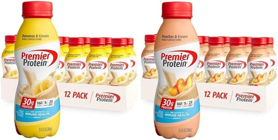 Premier Protein Shake Bananas & Cream and Peaches & Cream 30g Protein 1g Sugar 24 Vitamins Minerals Nutrients Immune Health Support 138 Fl Oz 24 Pack