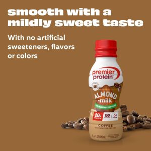 Premier Protein Almondmilk Plant Based Protein Shake. 20g Protein. 5g Sugar. 11.5 Fl oz. Coffee. 12 Count