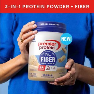 Premier Protein Powder Plus Fiber. Vanilla. 25g Protein. 7g Fiber to Support Gut Health. No Added Sugar (17 Servings)