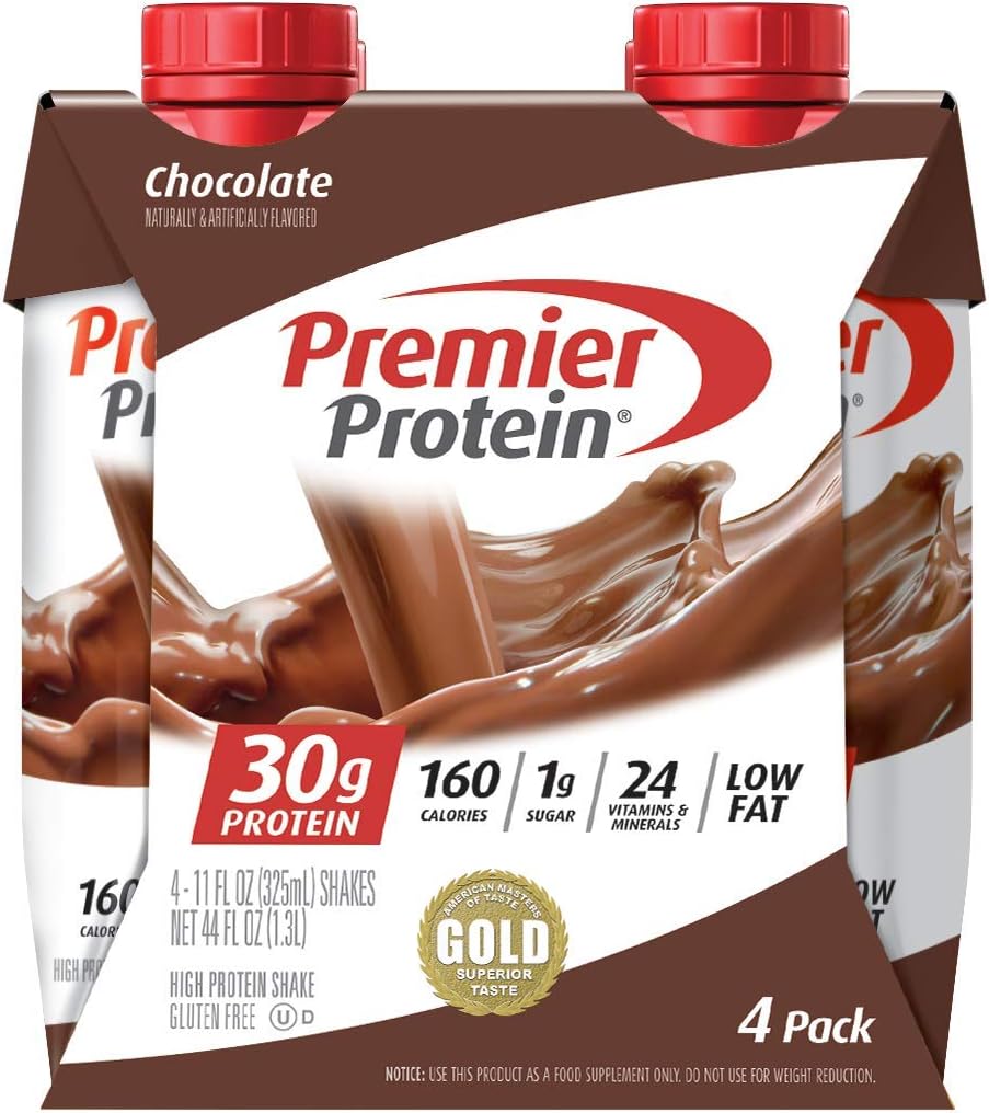 Premier Protein Shake. Chocolate. 30g Protein. 1g Sugar. 24 Vitamins & Minerals. Nutrients to Support Immune Health. 4 Count. 44 Fl Oz