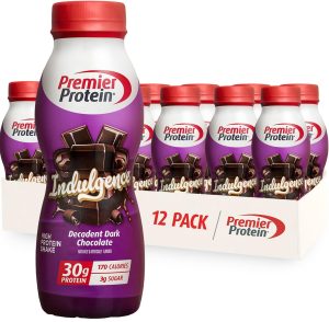 Premier Protein Indulgence Protein Shake. 30g Protein. 3g Sugar. Decadent Dark Chocolate. 11.5 fl oz. Pack of 12