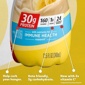 Premier Protein Shake. Bananas & Cream. 30g Protein. 1g Sugar. 24 Vitamins & Minerals. Nutrients to Support Immune Health. 12 Pack