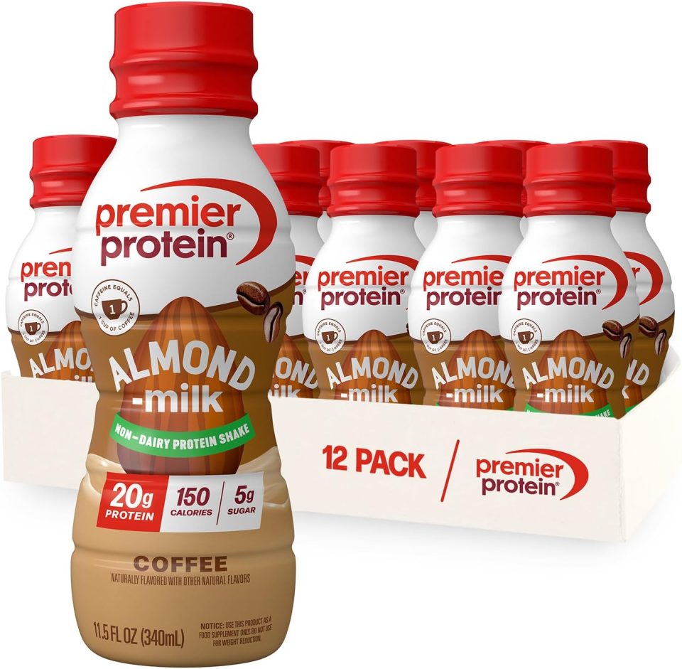 Premier Protein Almondmilk Plant Based Protein Shake. 20g Protein. 5g Sugar. 11.5 Fl oz. Coffee. 12 Count