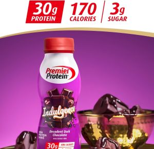 Premier Protein Indulgence Protein Shake. 30g Protein. 3g Sugar. Decadent Dark Chocolate. 11.5 fl oz. Pack of 12