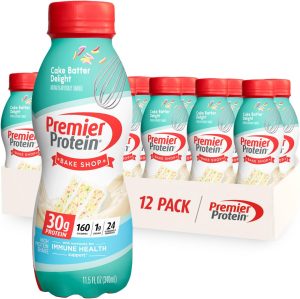 Premier Protein Shake. Cake Batter. 30g Protein. 1g Sugar. 24 Vitamins & Minerals. Nutrients to Support Immune Health. 11.5 Fl Oz. 12 Count