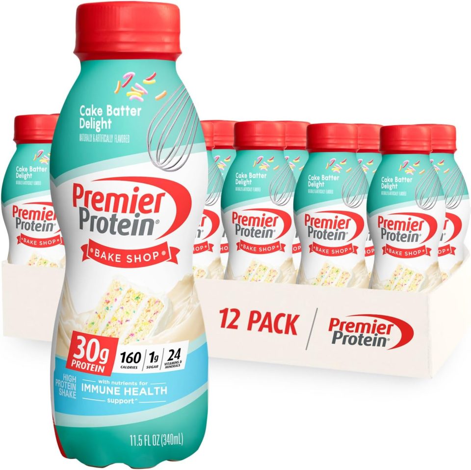 Premier Protein Shake. Cake Batter. 30g Protein. 1g Sugar. 24 Vitamins & Minerals. Nutrients to Support Immune Health. 11.5 Fl Oz. 12 Count