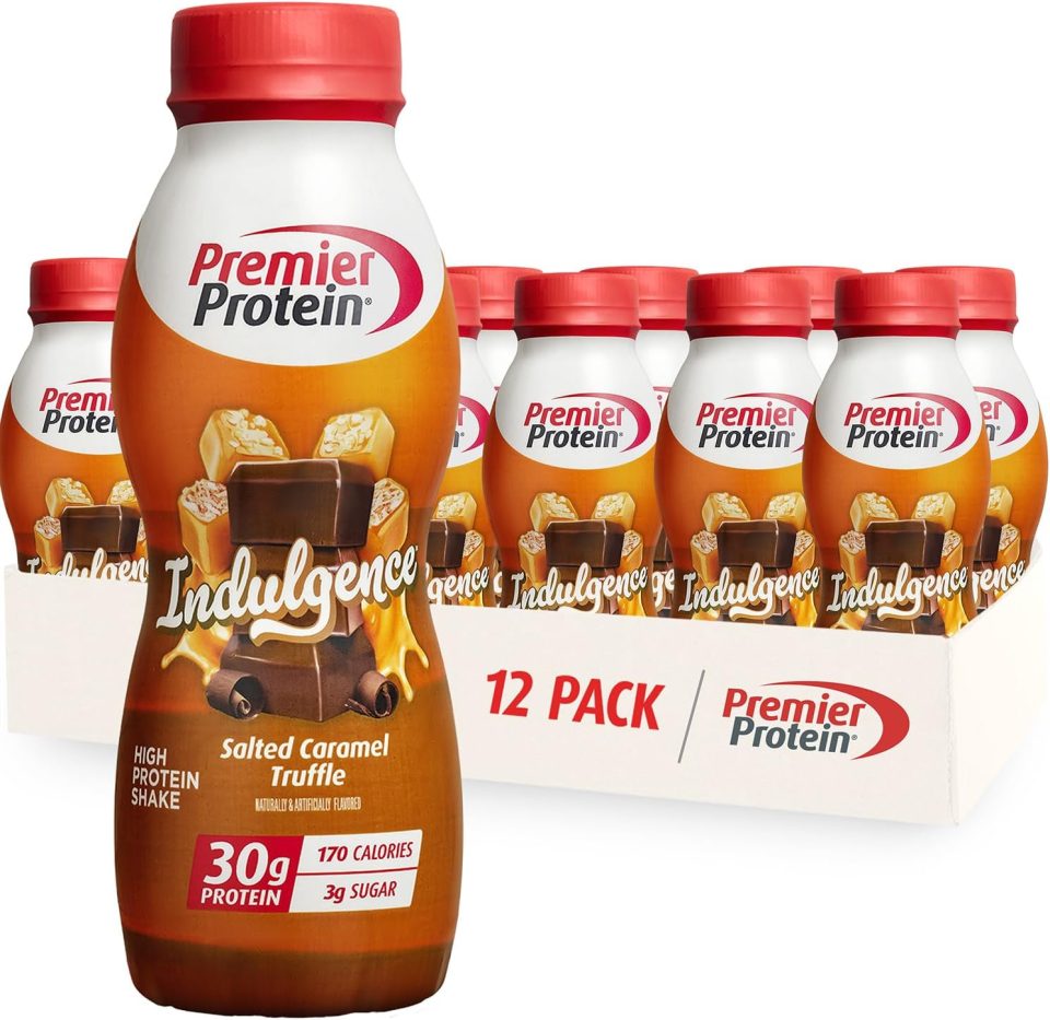 Premier Protein Indulgence Protein Shake. 30g Protein. 3g Sugar. Salted Caramel Truffle. 11.5 fl oz. Pack of 12