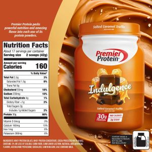 Premier Protein Indulgence Protein Powder. Salted Caramel Truffle. 30g Protein. 3g Sugar. Gluten Free (17 Servings)