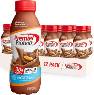 Premier Protein Shake. Chocolate Peanut Butter. 30g Protein. 1g Sugar. 24 Vitamins & Minerals. Nutrients to Support Immune Health. 11.5 Fl Oz. 12 Count