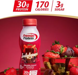 Premier Protein Indulgence Protein Shake. 30g Protein. 3g Sugar. Chocolate Covered Strawberry. 11.5 fl oz. Pack of 12