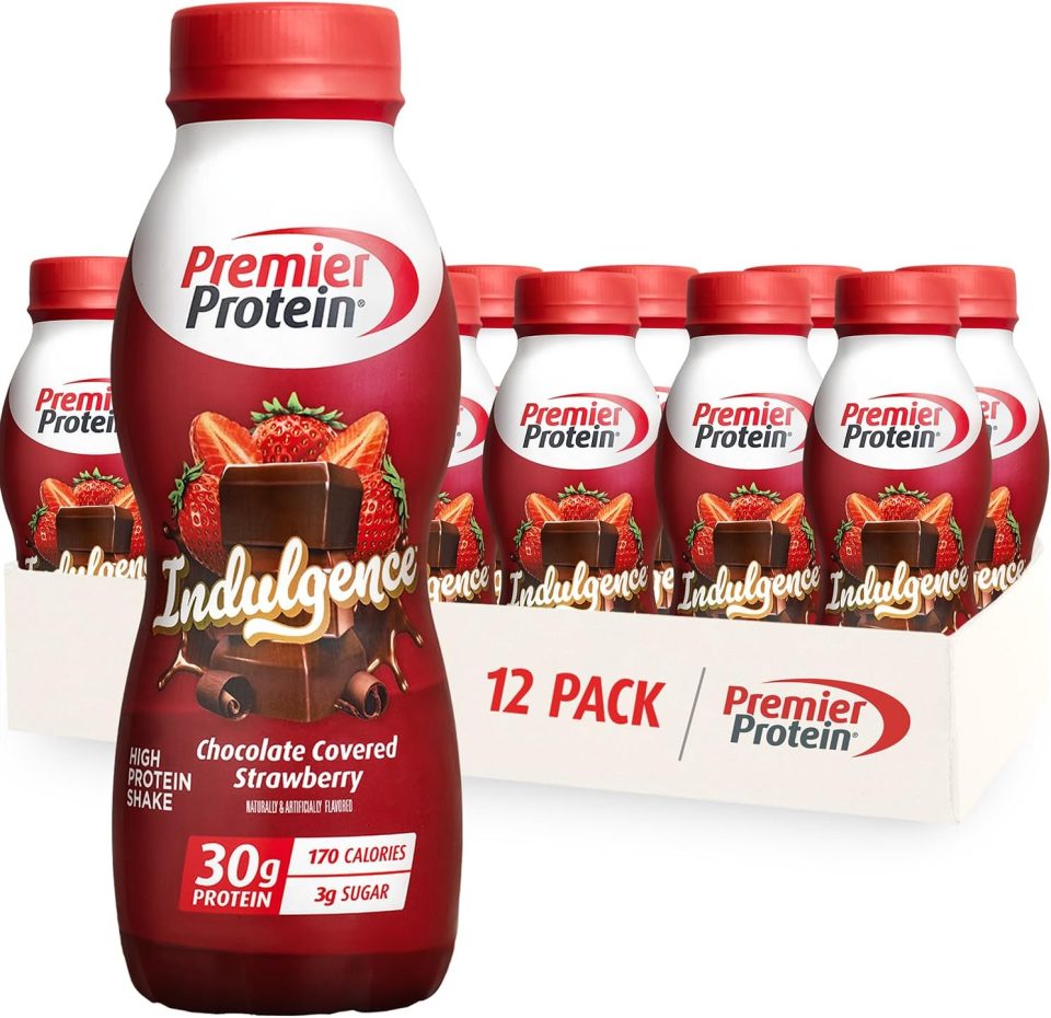Premier Protein Indulgence Protein Shake. 30g Protein. 3g Sugar. Chocolate Covered Strawberry. 11.5 fl oz. Pack of 12