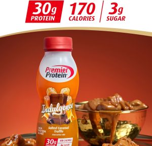 Premier Protein Indulgence Protein Shake. 30g Protein. 3g Sugar. Salted Caramel Truffle. 11.5 fl oz. Pack of 12