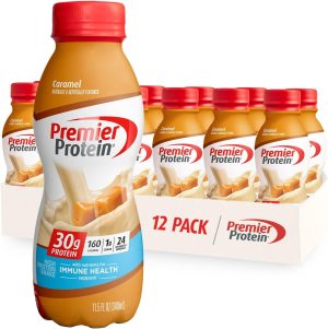 Premier Protein Powder & Premier Liquid Protein Shake. Caramel. 30g Protein. 1g Sugar. 24 Vitamins & Minerals. Nutrients to Support Immune Health 11.5 fl oz Bottle (12 Pack)