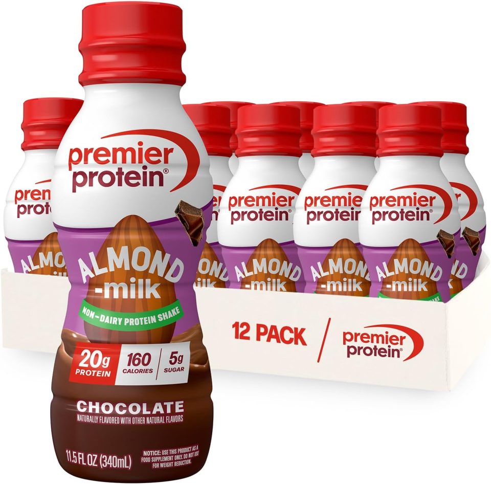 Premier Protein Almondmilk Plant Based Protein Shake. 20g Protein. 5g Sugar. 11.5 Fl oz. Chocolate. 12 Count
