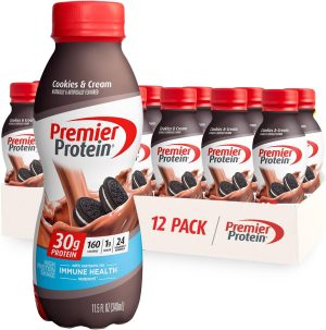 Premier Protein Shake. Cookies & Cream. 30g Protein. 1g Sugar. 24 Vitamins & Minerals. Nutrients to Support Immune Health 11.5 fl oz (12 Pack)
