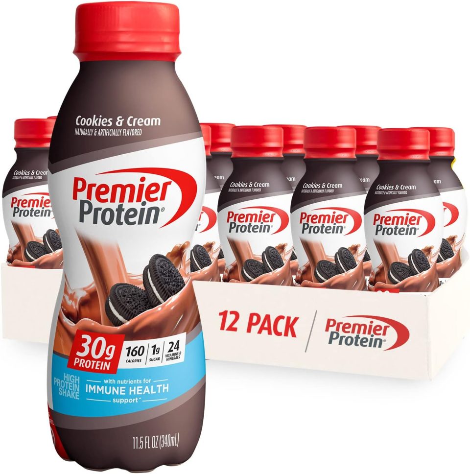 Premier Protein Shake. Cookies & Cream. 30g Protein. 1g Sugar. 24 Vitamins & Minerals. Nutrients to Support Immune Health 11.5 fl oz (12 Pack)