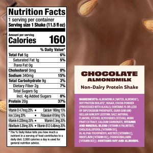Premier Protein Almondmilk Plant Based Protein Shake. 20g Protein. 5g Sugar. 11.5 Fl oz. Chocolate. 12 Count