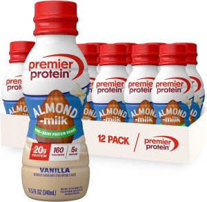 Premier Protein Almondmilk Plant Based Protein Shake. 20g Protein. 5g Sugar. 11.5 Fl oz. Vanilla. 12 Count